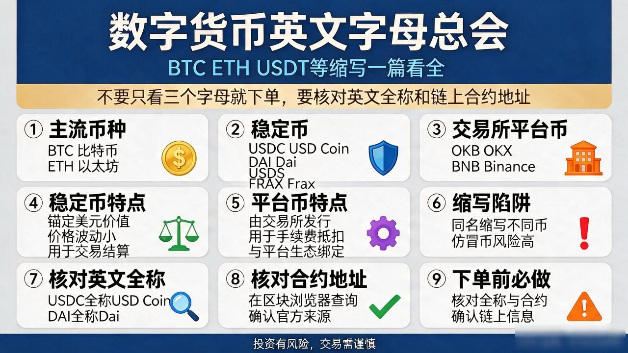 数字货币英文字母总会:BTC ETH USDT等缩写一篇看全